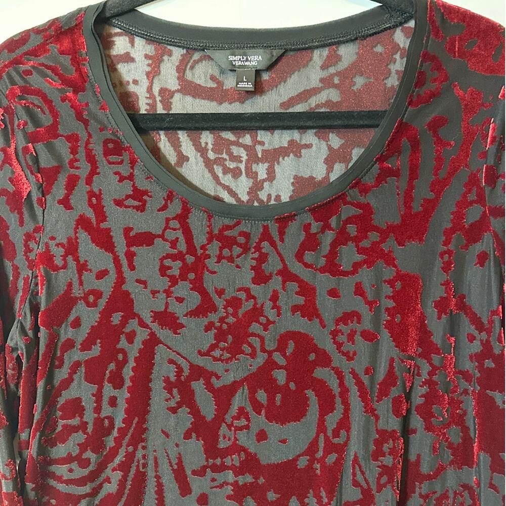 Simply Vera Vera Wang Velvet Burnout Long Sleeve Tunic Top Burgundy Black Size L - Picture 2 of 13